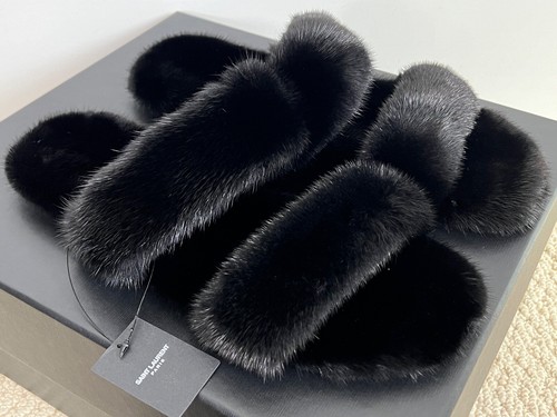 NIB Saint Laurent Bleach Black Mink Fur Double Strap Slide Sandals 43 10 $1790