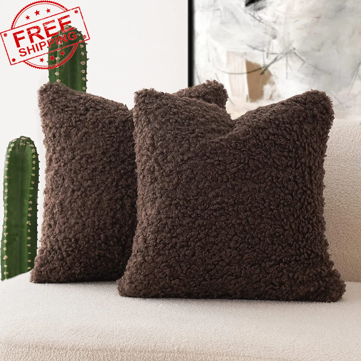 Soft Fluffy Sherpa Throw Pillow Decorative Cushion, Beige, 18 x 18 In, 2  Pack