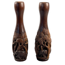 Hand Carved Wooden 3D Vase Art Elephant Jungle Thailand 12 Inch Tall Set of 2