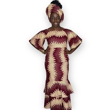 West African Traditional Maroon and Beige Blouse, Skirt, and Scarf