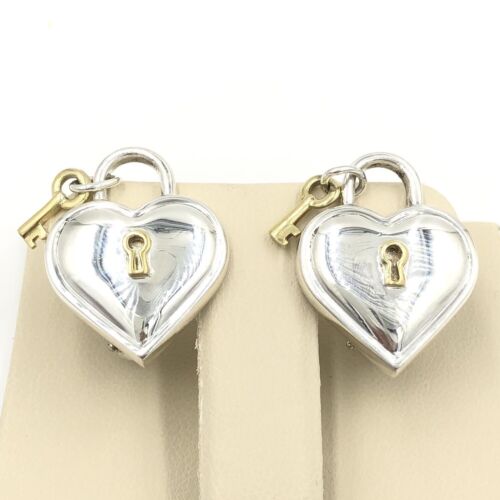 Tiffany & Co. 18k Heart Padlock Dangling Key Omega Back Sterling Silver Earrings - Picture 1 of 4