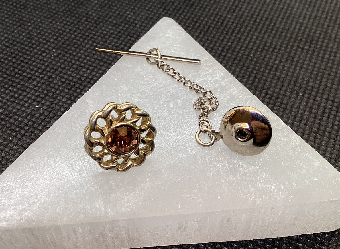 Unique Silver Tone Gold Faceted Rhinestone Mens Tie Tack