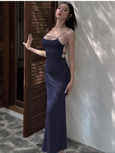 Summer sexy one-line neckline low-cut backless strappy fishtail suspender skirt - Picture 10 of 11