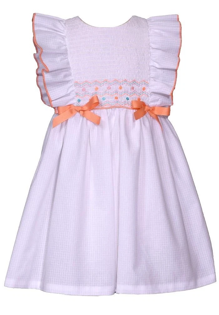 NEW Bonnie Jean Girls Size 4 "WHITE PEACH SMOCKED" Pinafore Ruffle Dress NWT