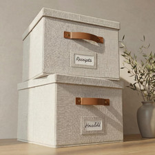 Decorative File Organizer Box Set of 2 - Collapsible Linen Filing Cabinets Sto