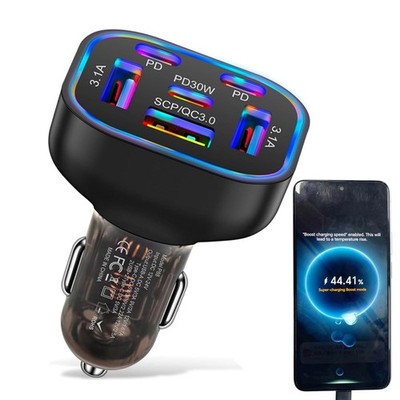 6 in 1 Multi Port USB C Car Charger Adapter PD 30W 6 Ports Super Fast Charging C