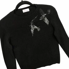 Red VALENTINO Angora Wool Blend Sweater Black Sequin Birds Pullover Luxe Sz XS