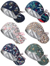 6 Pcs Satin Lined Scrub Caps Women Nurse Surgical Hat with Buttons Ponytail Work