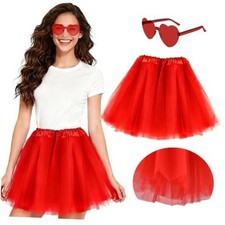 Tutu 5 Layers Skirt for Women Adults with Heart Sunglasses, Neon Princess Red