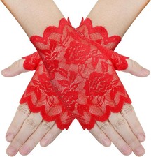 Women Short Lace Gloves 1920s Opera Evening Wedding Sunblock Fingerless Red