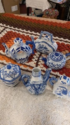 Set Of 6 Canton Hand paintedChinese Blue and White Porcelain Decorative  Teapots
