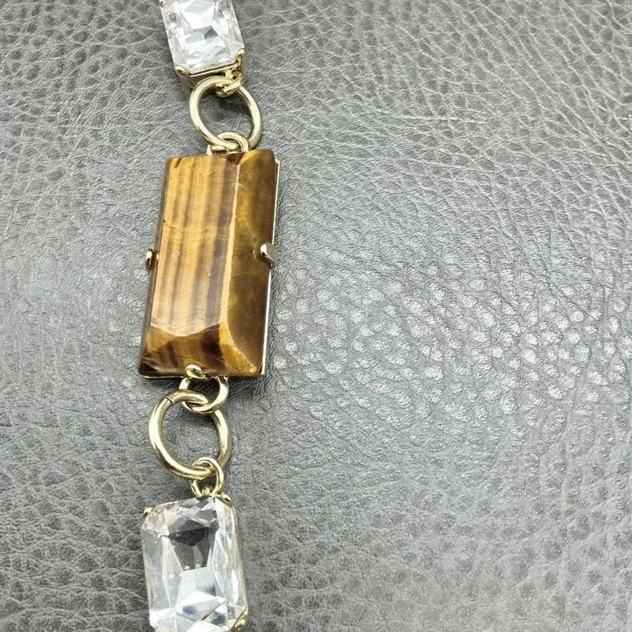 Colar Ann Taylor Declaração Corrente Dourada Olho de Tigre Cristal Elo Acrílico 24" - Imagem 4 de 4