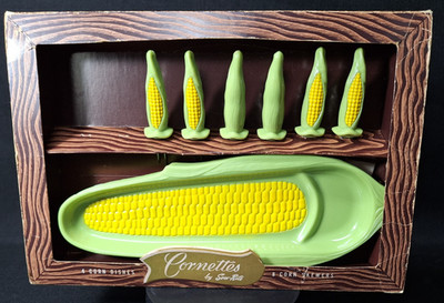 Vintage Serv-Rite Cornettes Corn Cob Dish Set Boxed 6 Skewers MCM Kitsch