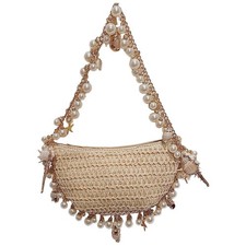 Women Pearl Straw Clutch Purse Woven Summer Beach Evening Bag Wedding Party S...
