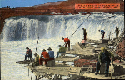 Cecilio Falls Oregon OR Native Americana Indians Fishing Linen Postcard
