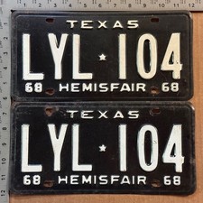 1968 Texas license plate pair LYL-104 YOM DMV Ford Chevy Dodge 23633