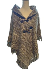 Fringed Shawl With Toggle Buttons One Size Brown/Cream