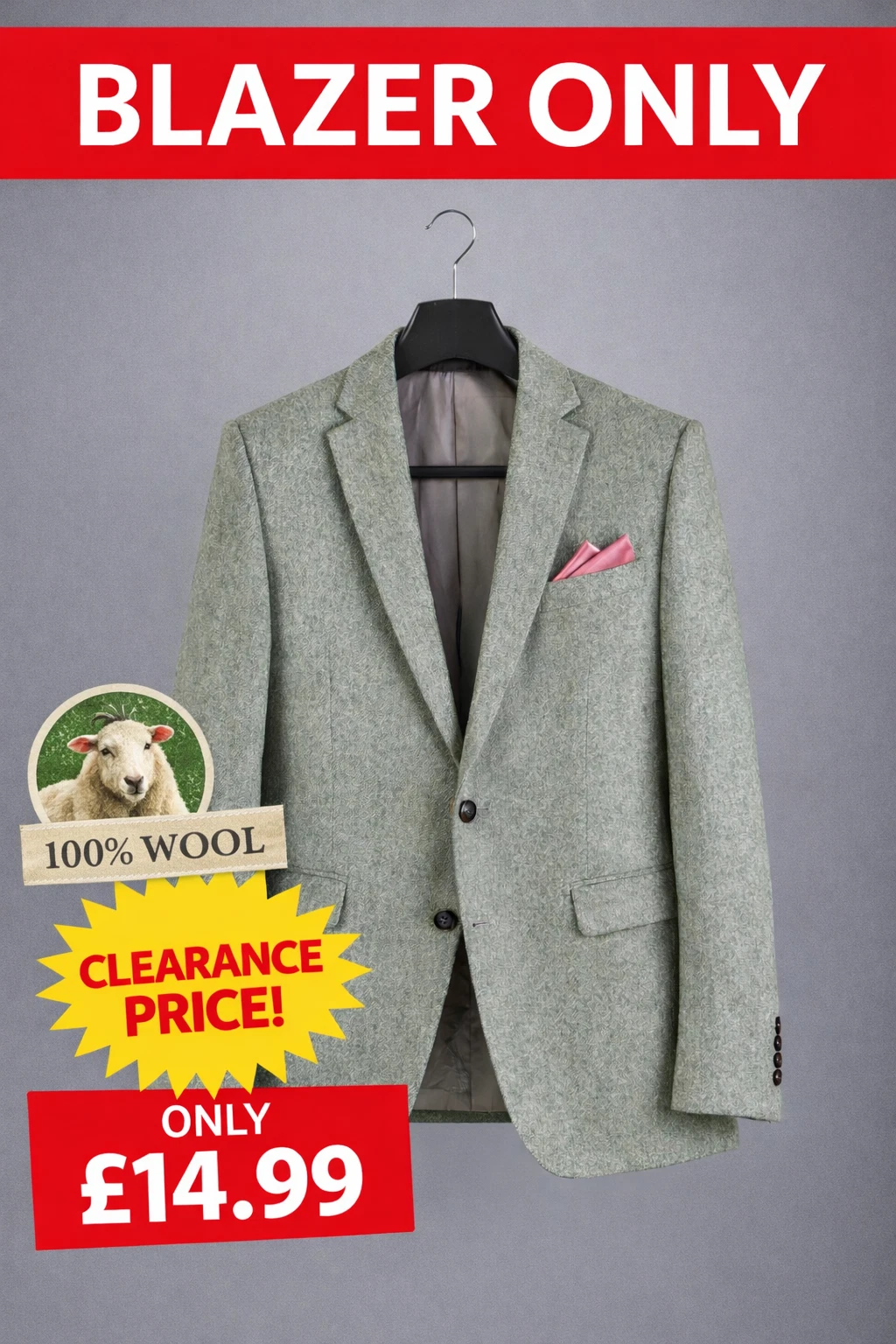 Mens Sage Green 100% Wool Blazer Jacket ONLY | Clearance Sale
Opens in a new window or tab