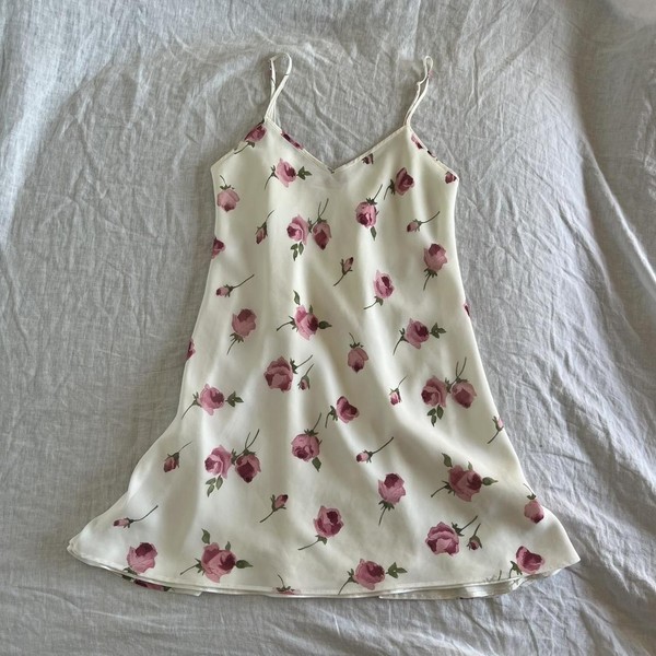 Vintage 90s Rose Floral Satin Slip Dress Size S Y2K Coquette Soft Girl Mini