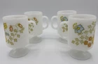 4 Vintage Milk Glass Pedestal Mugs/Yellow - Blue Flowers Heart Handle