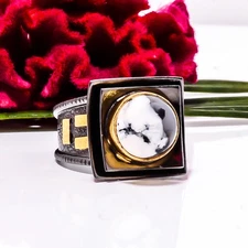 Dendritic Agate - Brazil Black And Gold Plated 925 Sterling Silver Ring s.8 Sku2