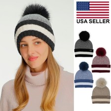 C.C Women Basic Everyday Two Tone Angora Stripe Point Cuff Beanie Pom Winter