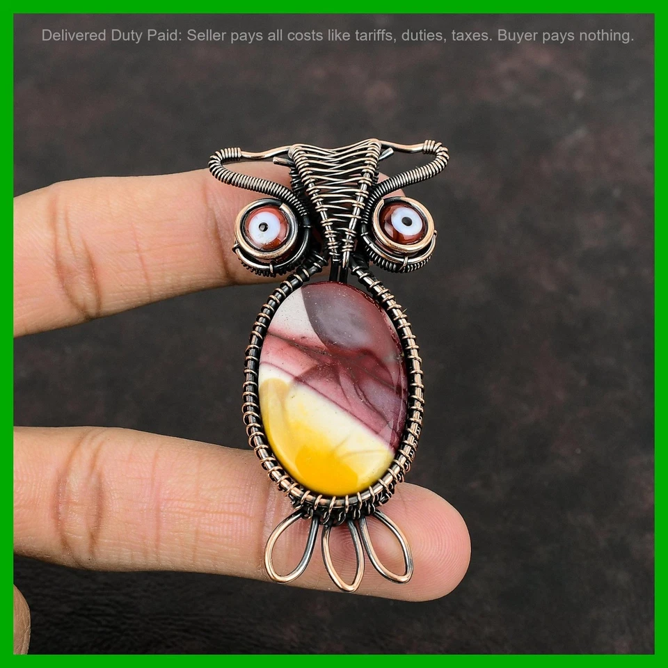 Copper Mookaite Stone Red Color Evil Eye Owl And Wire Wrapped Pendant Jewelry Foto 3 de 4
