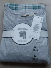 M&S Ladies Pyjama Set Size 12-14 Grey Long Leg Short Sleeve New 
