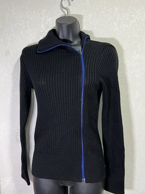 Robe Di Kappa Women's Sweater Black Ribbed Wool Full Zip Blue Zipper 152/6
