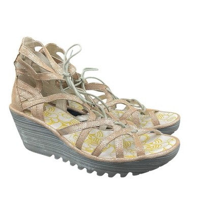 Fly London Yuke Strappy Sandal Wedge Metallic Gold Size US 11 EU 41 Gladiator