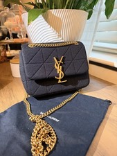 Saint Laurent YSL Logo Quilted Black Canvas Shoulder Bag Gold Chain Dust Bag
