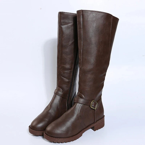 Vintage Brown Women Knee High Boots Big Size Low Heels Platform Long Boots - Picture 9 of 27