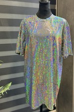 Fashion Nova Hologram T Shirt Dress Size Large Silver Multi Short