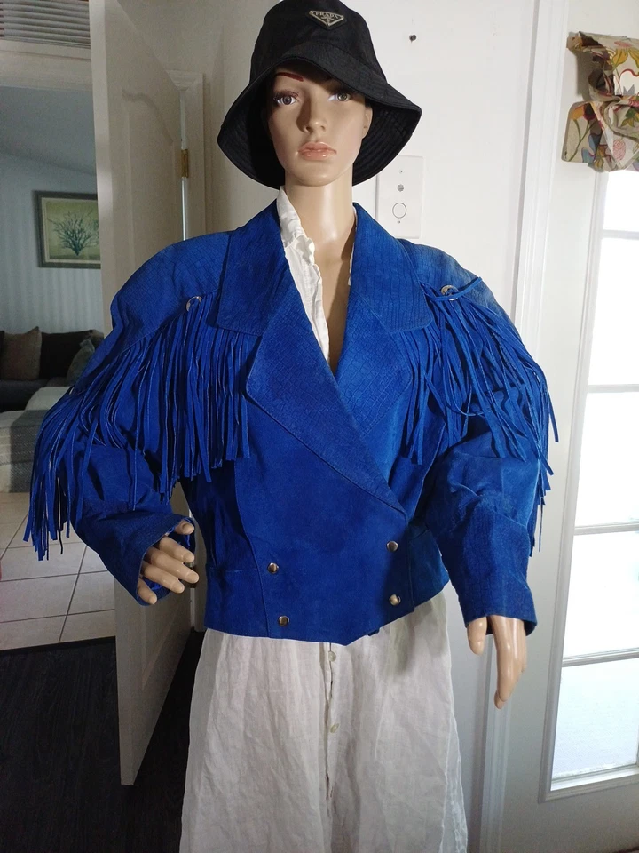 Chaqueta Vaquera Vaquera Vintage Años 80 Azul Brillante Gamuza Flecos Foto 2 de 4