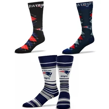 3 Pack NFL New England Patriots Fan Gift Argyle Stripes Dress Socks Team Colors