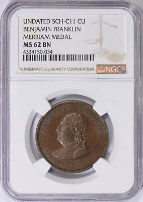 Undated Copper 31mm Benjamin Franklin Merriam Medal SCH-C11 NGC MS-62 BN