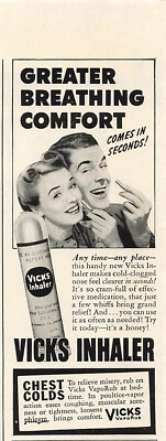 Vicks Inhaler Print Ad Vintage Medicine Advertising Health Chest Colds 1943