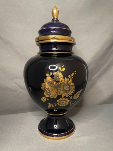Vintage Ceramic Woulind Urn Navy Blue w/ Gold Florals Made in Chile. 12.5” Tall