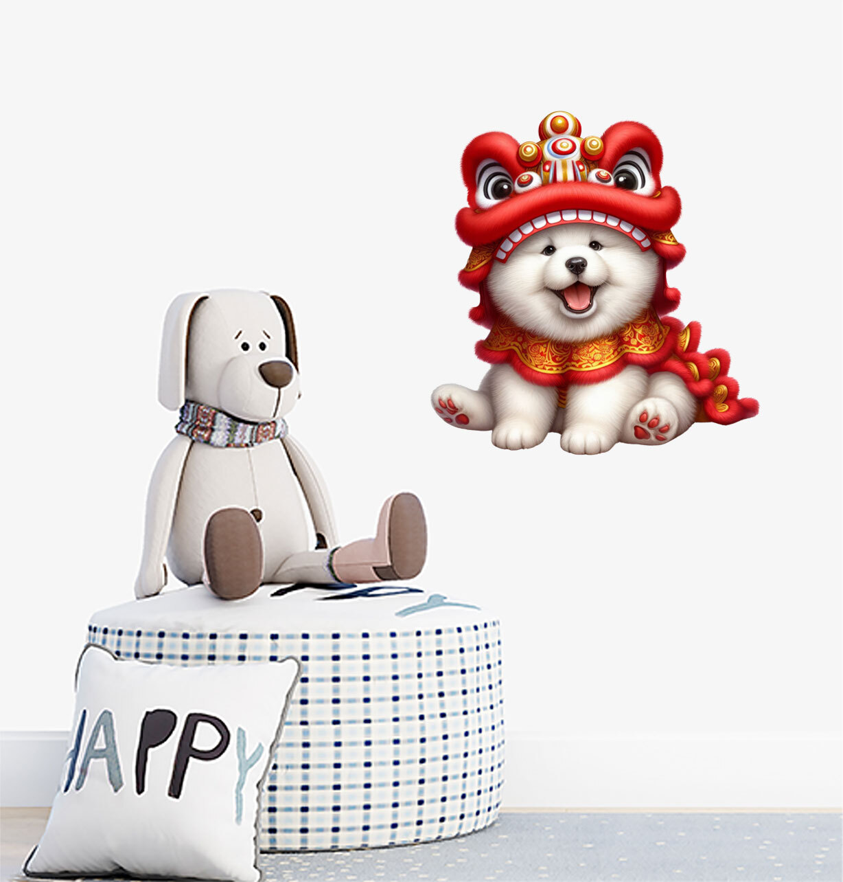 Colourful Cute Lion Dance Dog Wall Art Bedroom Nursery Decor Vinyl