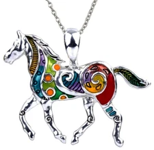 Large Colorful Horse Pendant and 24" Stainless Steel Chain Necklace & Gift Box