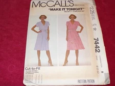 🌹McCALL'S #7442-LADIES MAKE IT TONIGHT "V' NECK PULLOVER DRESS PATTERN 8-12 FF