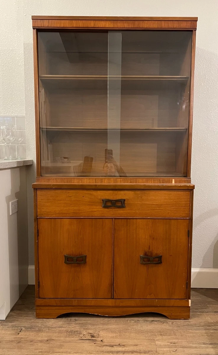mid century modern china hutch display cabinet walnut glass bottom cabinet