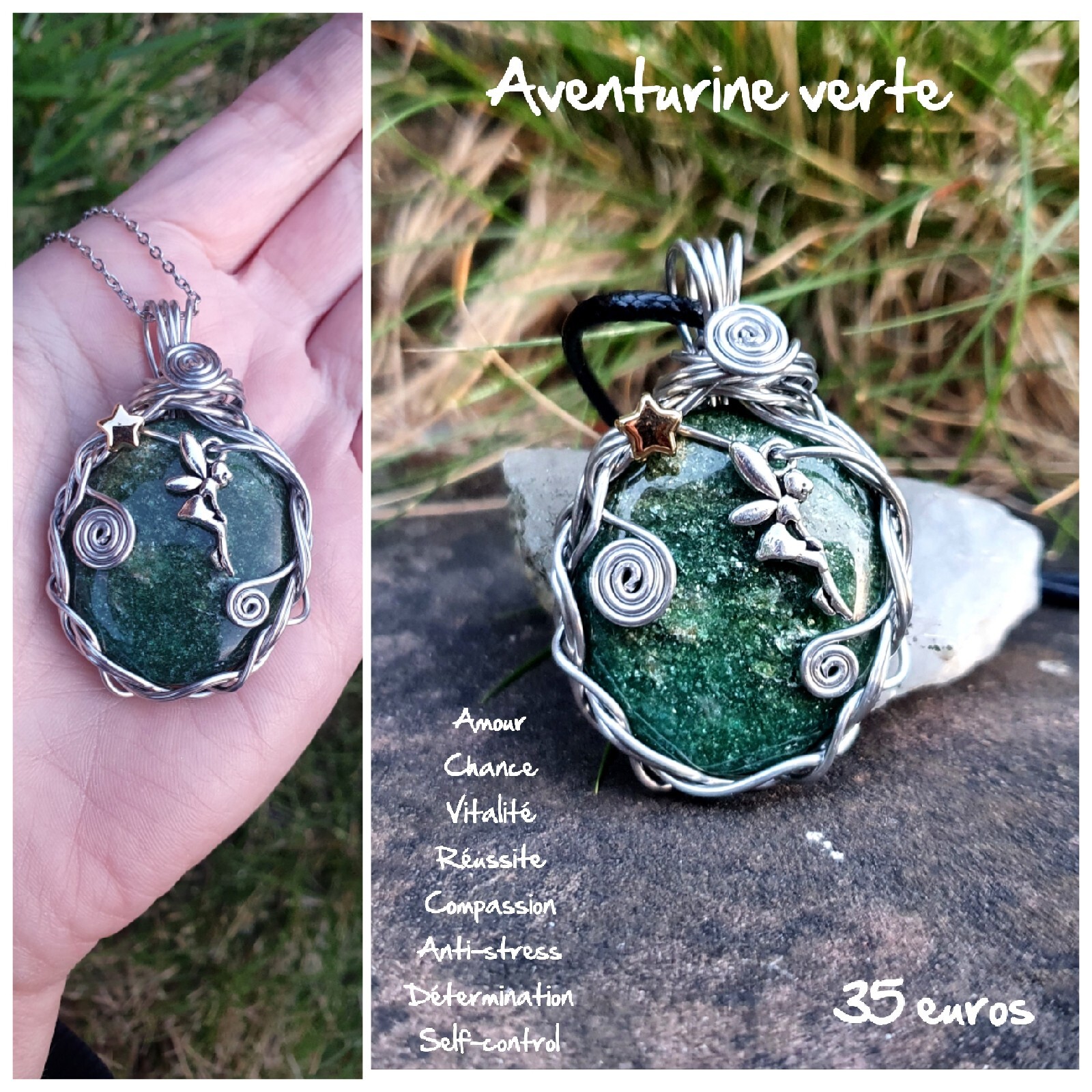 Pendentif aventurine verte pierre naturelle pour harmoniser le chakra du coeur