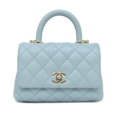 【ヴィンテージ】Rank:S☆Chanel Blue Coco Handle Small 25 Bag CHANEL Caviar Light Blue Quilted Mini Coco Handle Flap Beige
