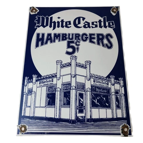 Vintage White Castle Porcelain Sign - Food Burgers Restaurant Drive Thru Sign