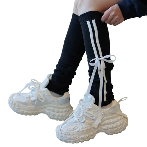 Women Sports Side Double Striped Knitted Leg Warmer Bowknot Footless Long Socks - Picture 16 of 19