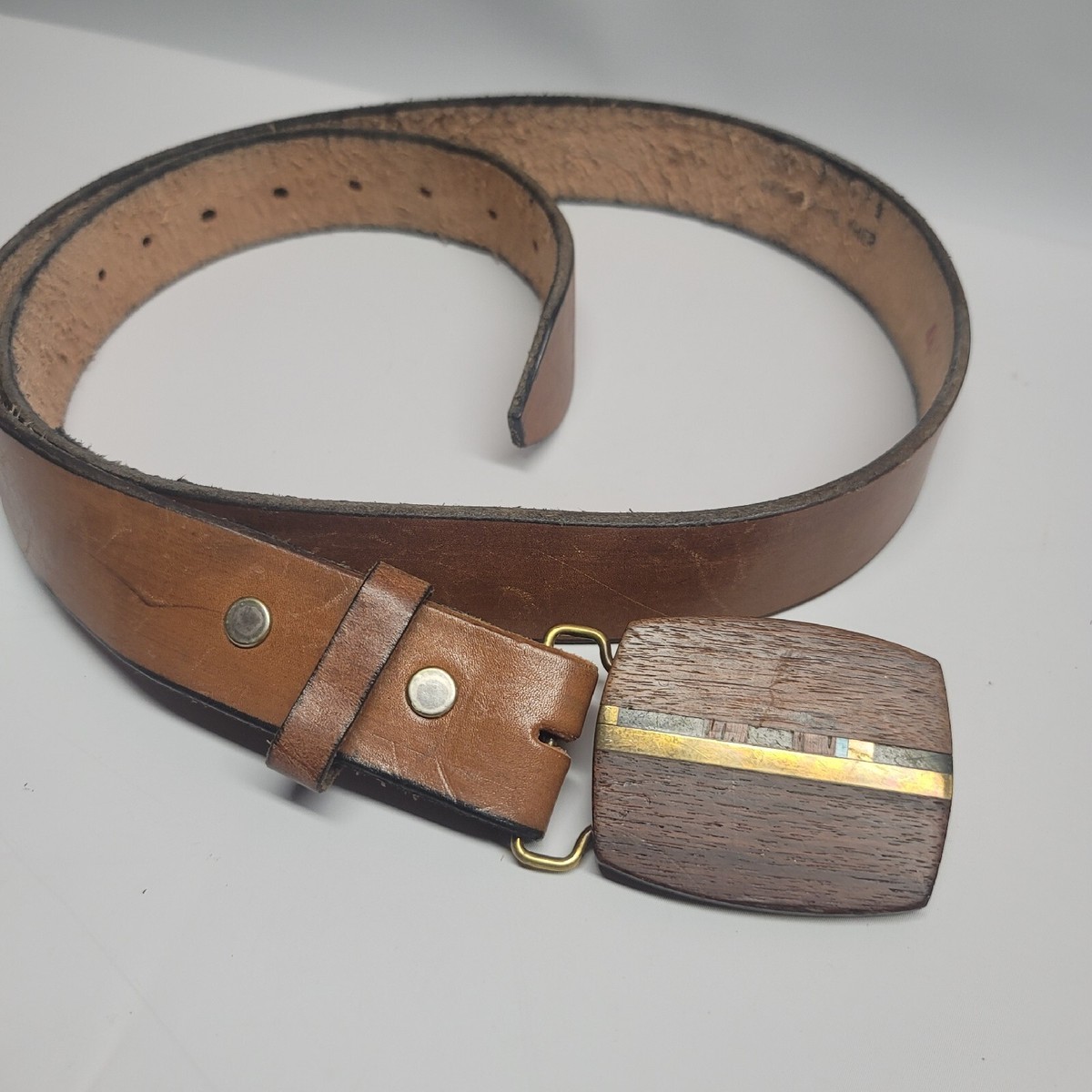 Solid Brass Belt Buckle With Wood And Turquoise Inlay 