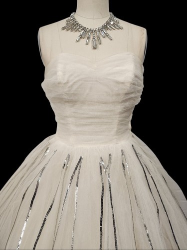 Vtg 50s Prom Dress White Tulle XS/S Strapless Silver Sequin Geometric Flared - Picture 12 of 18