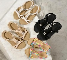 Women Flat Sandals Faux Leather Open Toe Elastic Slingback Casual Summer Sandal
