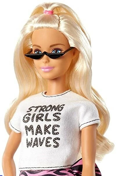 Barbie White T shirt WITH BLACK TRIM WRITING SAYS STRONG GIRLS